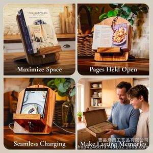 Wooden Recipe Holder Solid Wood Tablet <b>Stand</b> With Floral Design For Kitchen Desktop Display - Product Image 2