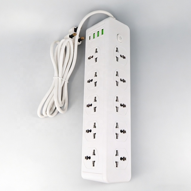 Latest White 2500W 10-Outlet Universal Extension Power Strip USB Ports and Multi-Country Plug Compatibility for Daily Life