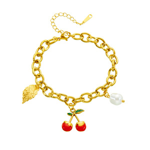 Fashion Charm Bracelet Zinc Alloy Chunky Chain Cherry Leaf Pearl Pendant Women's Jewelry Gift - Product Image 5