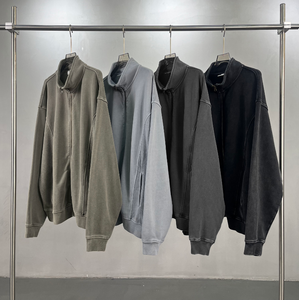 430gsm Heavyweight Cotton French Terry Hoodie Custom YKK Zipper <b>Washed</b> Patchwork DTG Embroidery Print <b>Stand</b> Collar High Quality - Product Image 2