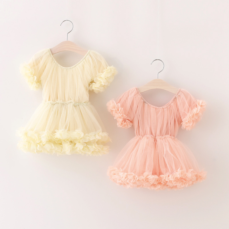 2022 New Style Short Sleeve Lace Net Yarn Yellow Party Flower Dress for Girls