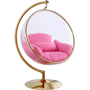 गर्म गुलाबी आधुनिक घर फांसी कुर्सियों फर्नीचर स्विंग मंजिल स्टैंड सोने एक्रिलिक बुलबुला के साथ उच्चारण कुर्सी स्टैंड कमरे में रहने वाले उद्यान