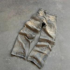 Vente directe usine transfrontalière Nouveauté 2025 Jean droit camouflage délavé vintage style rétro streetwear décontracté polyvalent pour le travail - Product Image 4