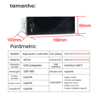 MEKEDE Brésil Entrepôt Radio Radio para carro universal sem fio MP5 de botao unico de 6,86 polegadas