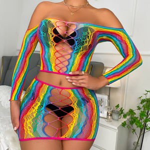 Sıcak satış gökkuşağı çizgili Rave parti dans elbise çapraz Cut Out kapalı omuz seksi kadınlar Mesh 2 parça Fishnet iç çamaşırı - Product Image 1