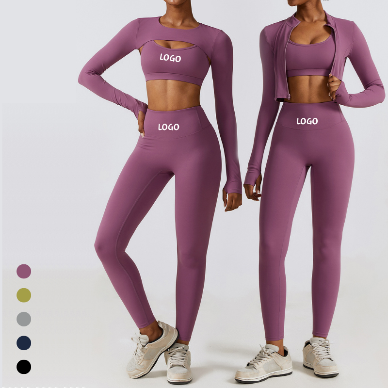 Yoga Leggings Yoga Set 3 Piece Women Sports Fitness Set Breathable Seamless Yoga Outfit High Waisted Long Sleeve Crop Scrunc...