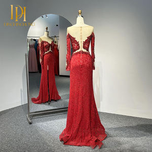 ชุดราตรีผ่าสูงชุดงานพรอมแขนยาวปักลูกปัดผ้าโปร่งสีแดงงานปาร์ตี้ - Product Image 1