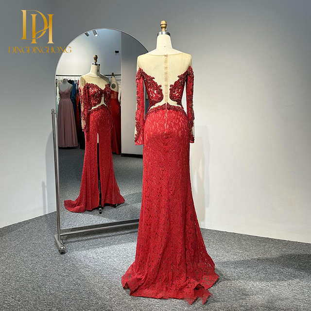 Foreign Trade High-Slit Evening Dress Red See-Through Lace Embroidered Bead Long-Sleeved Floor-Length Ceremony Party Prom Dress