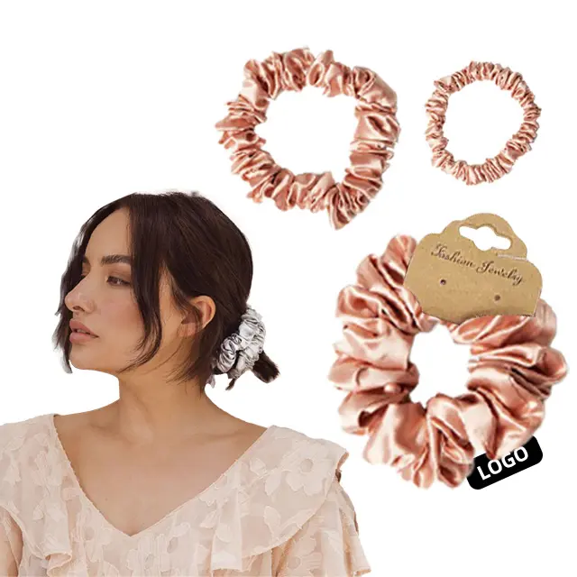 CHENGHE, scrunchies de pelo satinado de seda con logotipo personalizado para mujer, venta al por mayor, conjunto de lazos para el cabello con diseño de morera 100%