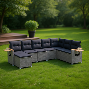Ensemble de canapés de jardin en rotin gris avec pieds réglables, 6 places, mobilier d'extérieur au design contemporain - Product Image 2