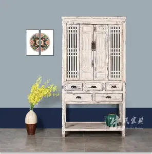 Оптовая продажа, антикварная мебель для спальни, потертый Шикарный белый шкаф из цельной древесины