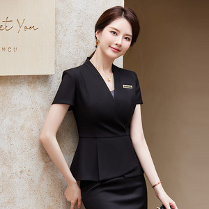 Hotel Uniforms Women Short Sleeve Suit Set Summer Workwear For Receptionists Jewelry Store Staff Professional Gray Blue Black - Product Image 3