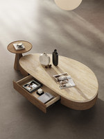 Table basse ovale en travertin Wabi Sabi avec tiroir de rangement, base en bois massif, table centrale moderne minimaliste pour salon
