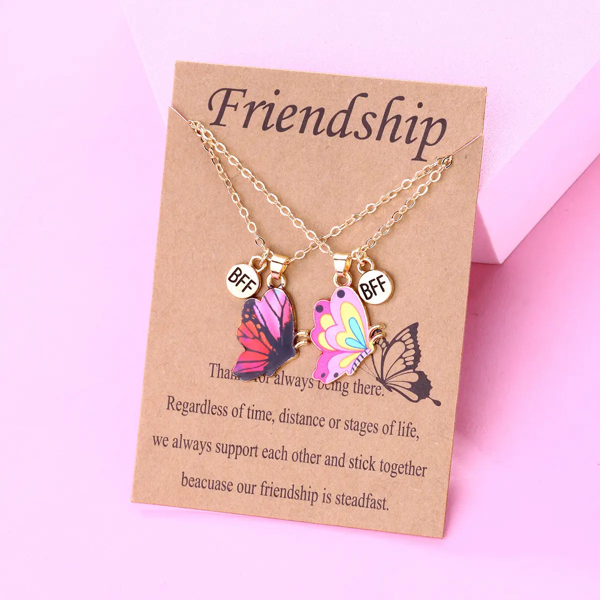 Go Party 2Pcs/Set Boho BFF Friendship Butterfly Pendant Necklace Set Colorful Oil Dripping Enamel Card Necklaces Couple Lover