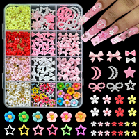 Kit de 12 grilles de breloques pour ongles en résine (nœuds, cœurs, lunes), décorations 3D pour nail art (fleurs, perles), pierres à ongles en strass assorties et accessoires pour ongles