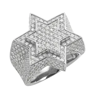 All'ingrosso argento 925 da uomo anelli a doppia stella Logo personalizzato Moissanite placcatura in oro con taglio rotondo anello a grappolo gioielli raffinati