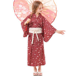 Ropa japonesa de primavera Kimono Yukata hija ropa a juego traje de niño cárdigan con estampado a cuadros bata con cinturón Obi - Product Image 3