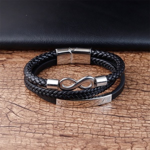 High Quality Stainless Steel Infinite Symbol Men's <b>Bracelet</b> Name Customized Three-Layer <b>Leather</b> Woven <b>Leather</b> <b>Bracelet</b> - Product Image 6