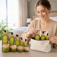 Botol Kaca Hijau Zaitun Berbentuk Miring 30 ml 60 ml 100 ml 200 ml Botol Kosmetik dan Stoples Kaca 30 gr 50 gr dengan Tutup Bambu
