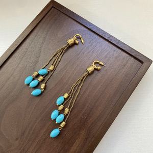 Boucles d'oreilles créoles à pampilles turquoise, laiton écologique plaqué or 18 carats, style bohème, longues chaînes, bijoux tendance pour femme, usage quotidien, décontracté, soirée - Product Image 1