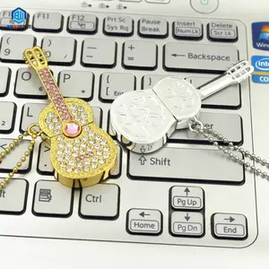 Novidade 32GB Guitarra De Ouro com Diamantes de Cristal Pendrive USB Flash Drive USB 3.0 Thumb Drive com Colar