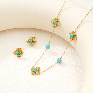 Joyería de acero inoxidable a la moda, venta al por mayor, accesorios de flores chapados en oro de 18 quilates, collar de turquesa de piedra Natural, conjuntos de pendientes - Product Image 2
