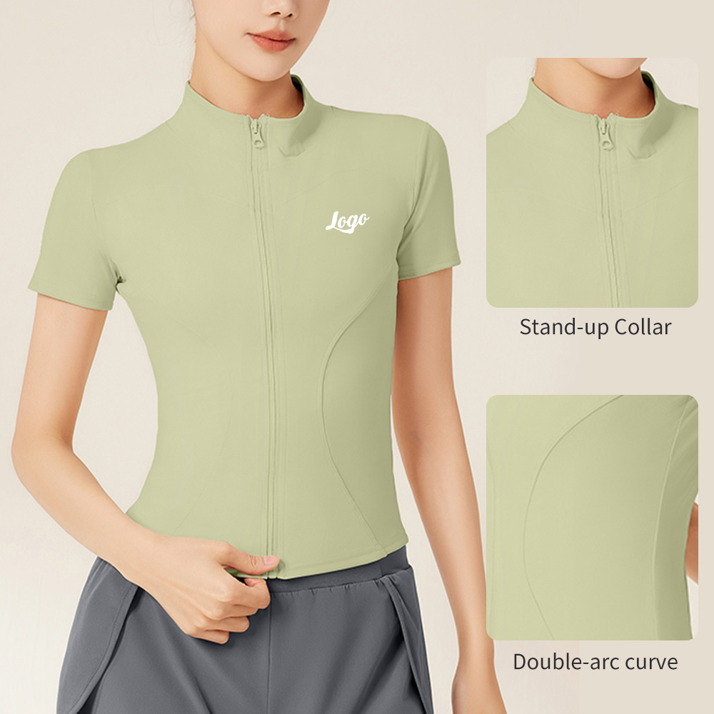 Wholesale Custom Women's Breathable Gym Tennis Top Workout Fitness Yoga Slim Fit Full Zipper Short Sleeve Stand up Collar Jacket