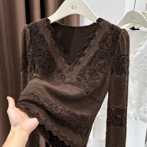 Sweter Kerah V Berenda Wanita Atasan Rajut Slim Fit Lengan Panjang Pullover Lembut Kemeja Berlapis Musim Gugur Musim Dingin untuk Kencan Malam - Product Image 1