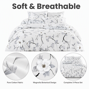Parure de lit en coton Magnolia Bloom, motif botanique blanc et gris, housse de couette pour B&B, livraison directe UE, 3 pièces, stock Pologne - Product Image 2
