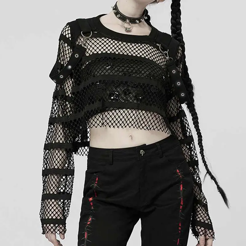 2024 Streetwear siyah Harajuku gotik kadınlar gevşek uzun kollu Patchwork Hollow Out Mesh seksi Smock kırpma üst kapak Up T-shirt