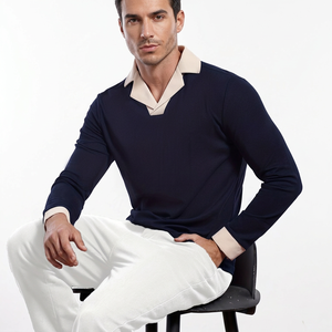 Men's <b>Navy</b> Long Sleeve for Shirt for Collar Cuffs Knitted Cotton Solid Smart Casual Style Anti-Wrinkle Quick Dry Front Logo - Product Image 2