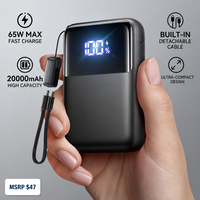 Batterie externe 20000 mAh 65W à charge rapide avec câble USB-C intégré, chargeur portable double port 65W+45W pour ordinateur portable, téléphone, tablette