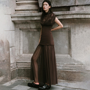 European American Style Pleated Long Dress High Neck Translucent Bodycon Evening Dress For Women - Product Image 3