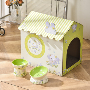 Nichoir pour chat Green Rabbit, en carton, avec gamelles, design printanier, motif dessin animé, utilisable toute l'année. - Product Image 5