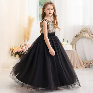 עיצוב שמלת כותנה בנות שחורה עם נצנצים אלגנטית מרופד בגודל גדול בנות נוער שמלת שמלת נשף ערב