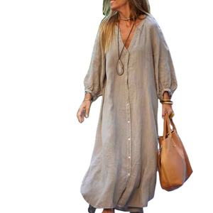 Vestido de Otoño para Mujer, Diseño Personalizado, Algodón y Lino, Camisa, Falda Larga, Estilo Casual, Cardigan de Manga Larga - Product Image 3