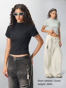 T-shirt moulant à <span class=keywords><strong>col</strong></span> montant extensible 260G pour <span class=keywords><strong>femme</strong></span>, <span class=keywords><strong>manches</strong></span> <span class=keywords><strong>courtes</strong></span>, <span class=keywords><strong>sous</strong></span>-vêtement tendance - Product Image 3