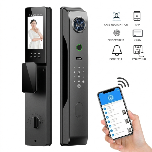 Fully Automatic Tuya WiFi Fingerprint Palm Card Video Intercom 3D Face Recognition Smart Lock with Camera for Wood/Metal Door