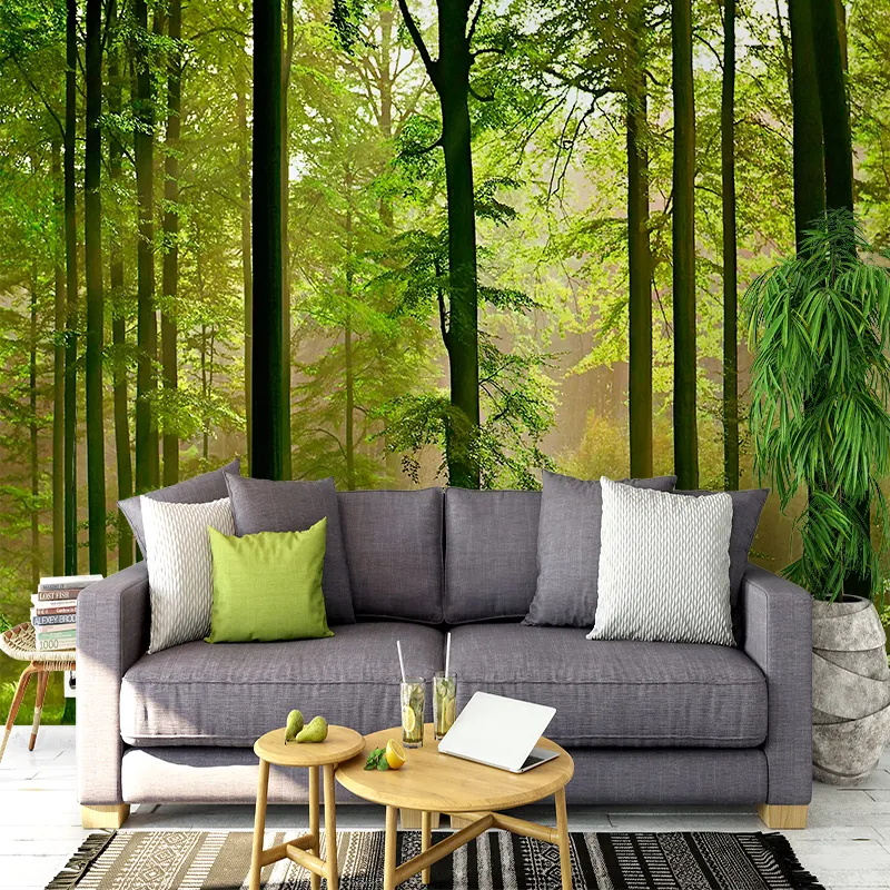 Edles Wandbild im europäischen Stil Green Forest Landscape Painting Selbst klebende PVC-Tapete