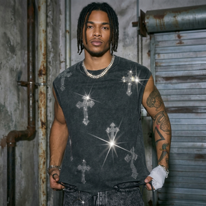 Gilet da <span class=keywords><strong>uomo</strong></span> personalizzato senza maniche in maglia traspirante con perline e croce di diamanti, stile vintage distressed e sbiadito, streetwear, <span class=keywords><strong>t</strong></span>-<span class=keywords><strong>shirt</strong></span> ampia da <span class=keywords><strong>uomo</strong></span> - Product Image 1