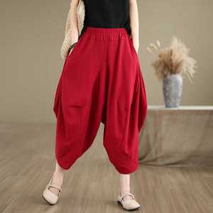 Pantalones bombachos de <span class=keywords><strong>lino</strong></span> y algodón para <span class=keywords><strong>mujer</strong></span>, pantalón holgado, estilo étnico, <span class=keywords><strong>talla</strong></span> <span class=keywords><strong>grande</strong></span> - Product Image 3