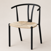 Chaise de salle à manger avec dossier en Y et assise tressée, structure en métal noir, accoudoirs courbes, chaise d'appoint moderne pour la maison
