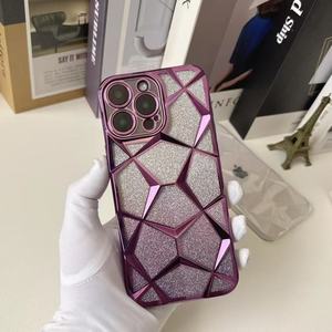 3D Lattice Gradient Glitter Marble Diamond Phone <strong>Case</strong> for iPhone 16 <strong>Pro</strong> <strong>Max</strong> 15 14 <strong>13</strong> 12 11 Plating Soft TPU Cover - Product Image 1