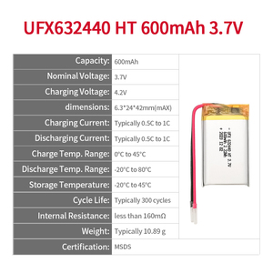 공장 맞춤형 고온 리튬 이온 배터리 UFX 632440 HT 600mAh 3.7V GPS 용 - Product Image 2