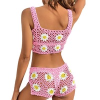 Nouveau 2025 Maillot de bain une pièce style licou et ensemble 2 pièces en mousseline à lacets, avec short Daisy et crochet à main, pour la vente transfrontalière