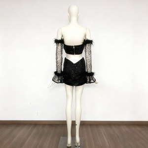New Women's Boat Neck Regular Plush Long Sleeved <strong>Top</strong> Sequins <strong>Feathers</strong> Wrapped Buttocks Eco-Friendly Bodycon Short Skirt Club Set - Product Image 5