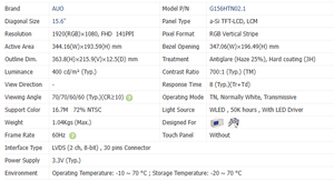 Écran de jeu AUO neuf de 15,6 pouces, 1920*1080 FHD, 400 nits, modules LCD, écran TFT industriel -G156HTN02.1 G156HAN02.0 - Product Image 2