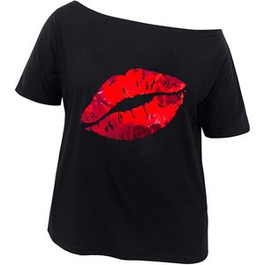 Womens Off The Shoulder Top Short Sleeve Metallic Lip Print Casual Blouse Regular Plus Size - Product Image 5