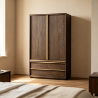 Armoire coulissante moderne minimaliste en bois massif avec 2 tiroirs, panneau plat, grain de chêne vieilli, armoires de chambre autoportantes