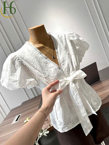 Conjunto de Top de Manga Corta con Cuello en V y Lazo en la Cintura para Mujer, con Shorts, Diseño Sólido, Mezcla de Algodón y Lino, Corte Regular, Transpirable - Product Image 4